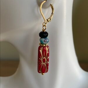 HAND CRAFTED RED CZECH GLASS DANGLE EARRINGS Turquoise Siderlite Black Crystal